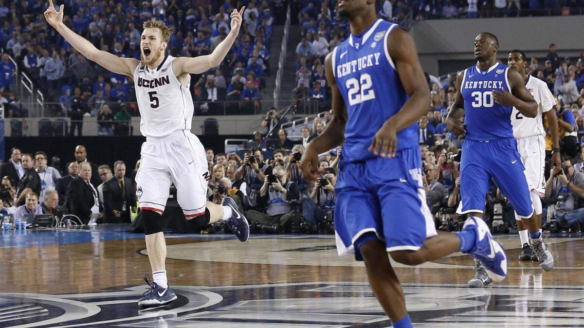 Connecticut's Niels Giffey yelled as time ran out on the Cats in Monday's national title game in Texas. The Huskies' 60-54 win was the third time since 2006 that UConn has turned back UK in the tournament, the latest two the most painful.      