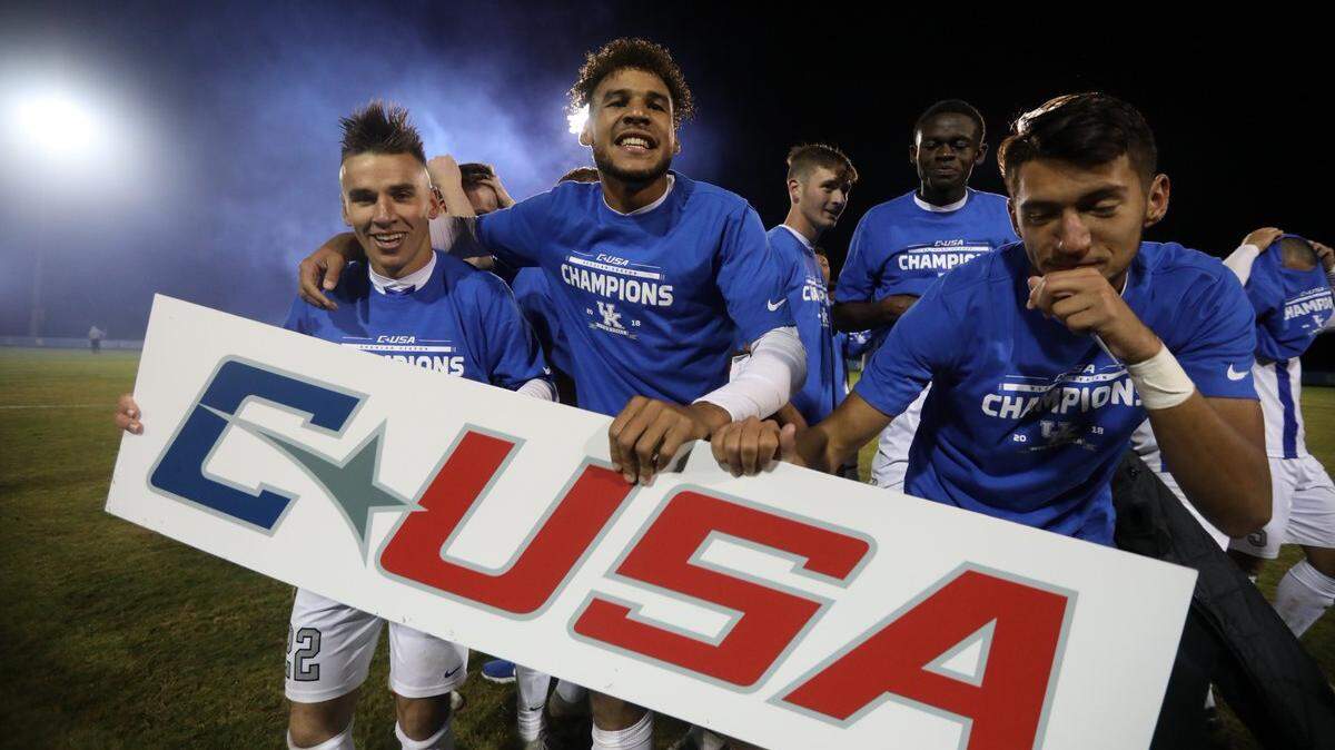 The University of Kentucky men’s soccer team, including JJ Williams, center, celebrated after defeating Old Dominion, 3-0, on Friday to capture the Conference USA regular-season championship.