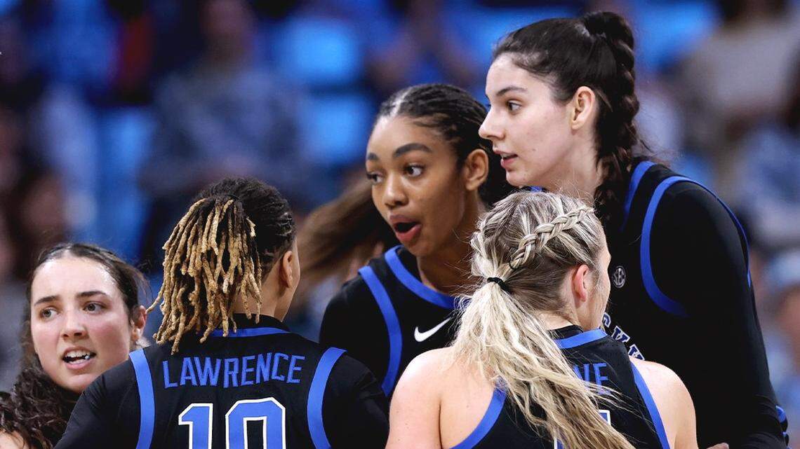 From left to right, Kentucky’s Georgia Amoore, Dazia Lawrence, Teonni Key, Cassidy Rowe and Clara Silva take a moment to regroup during Thursday night’s 72-53 defeat in Chapel Hill, North Carolina, the Wildcats’ first loss this season.