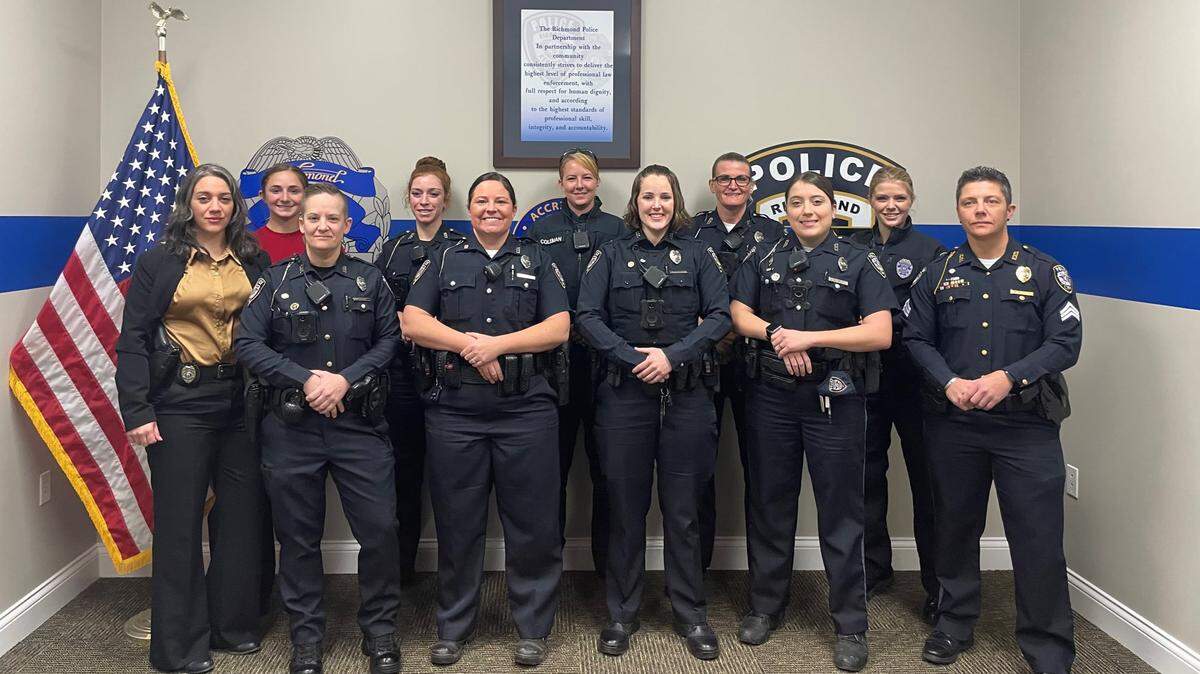 The Richmond Police Department staffed an all-women first shift for the first time ever on International Women’s Day Tuesday. Pictured from left to right (front row) are detective Rachel Tackett, officer Jindriska Skees, senior officer Emily Faulkner, officer Kate Knight, senior officer Cheyanne Heflin, sergeant Kelli Fraze, (back row) recruit officer Grace Smallwood, officer Rebecca Foster, senior officer Lani Coleman, senior officer Collette Mullins and officer Shannon Valle.