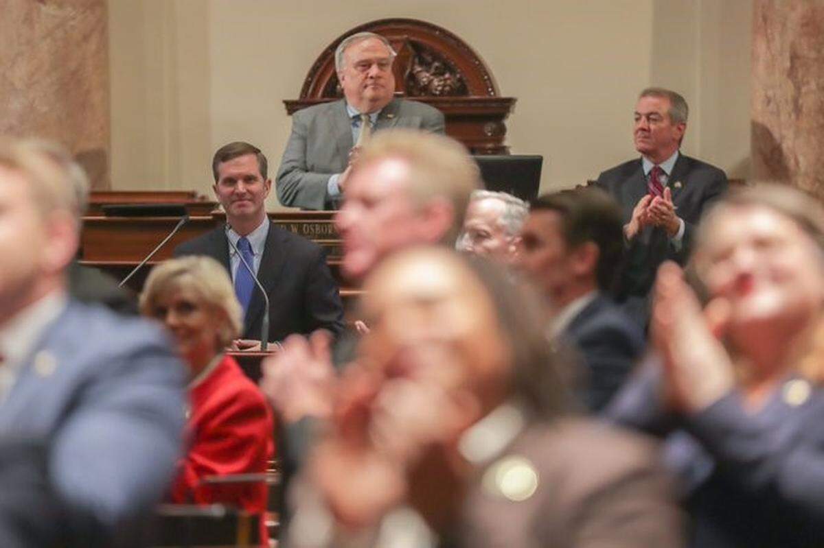 Kentucky Gov. Andy Beshear and members of the Kentucky General Assembly honor Lexington Fire Department firefighters who responded to last summer’s flooding in Eastern Kentucky during his State of the Commonwealth address.