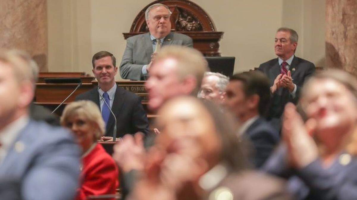 Kentucky Gov. Andy Beshear and members of the Kentucky General Assembly honor Lexington Fire Department firefighters who responded to last summer’s flooding in Eastern Kentucky during his State of the Commonwealth address.