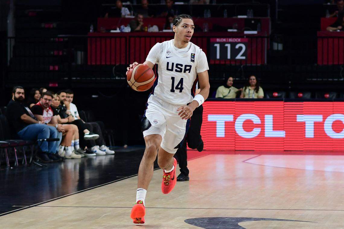 Tyran Stokes, #14 of the United States of America (USA) in action during the FIBA U17 Basketball World Cup - Turkiye 2024 Quarter-final match between the United States of America (USA) and Canada at Sinan Erdem Dome in Istanbul, Turkey on July 5, 2024. (Photo by Altan Gocher / Hans Lucas / Hans Lucas via AFP) (Photo by ALTAN GOCHER/Hans Lucas/AFP via Getty Images)