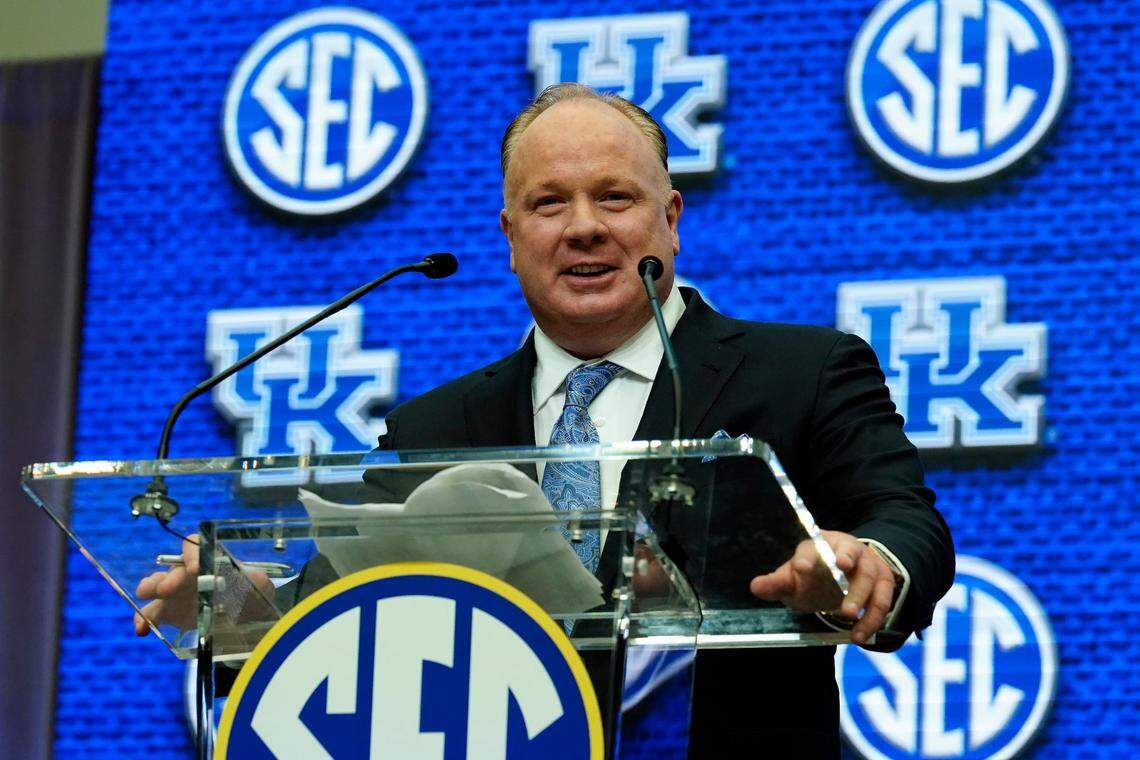 Kentucky head coach Mark Stoops speaks during SEC Media Days in Atlanta on Wednesday.