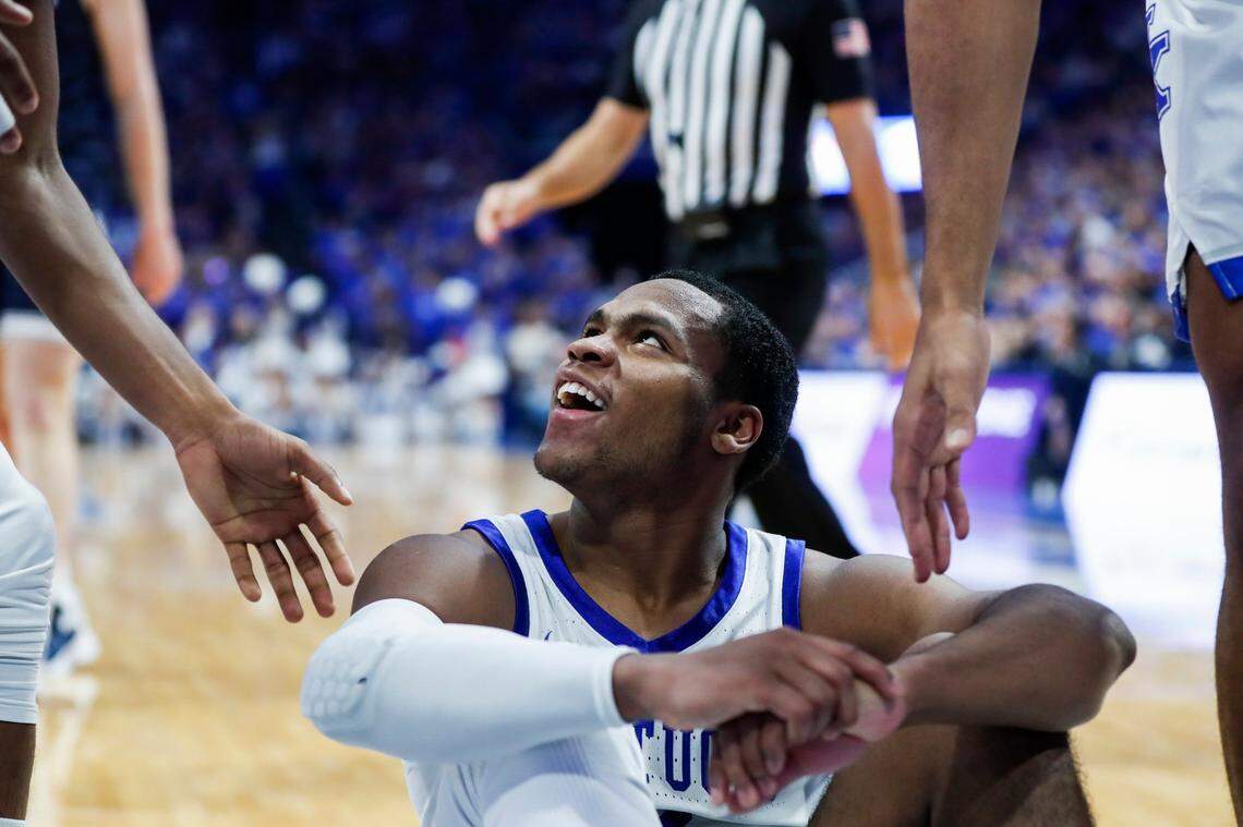 Kentucky guard Sahvir Wheeler smiles after scoring and drawing a foul against the Yale Bulldogs on Saturday.