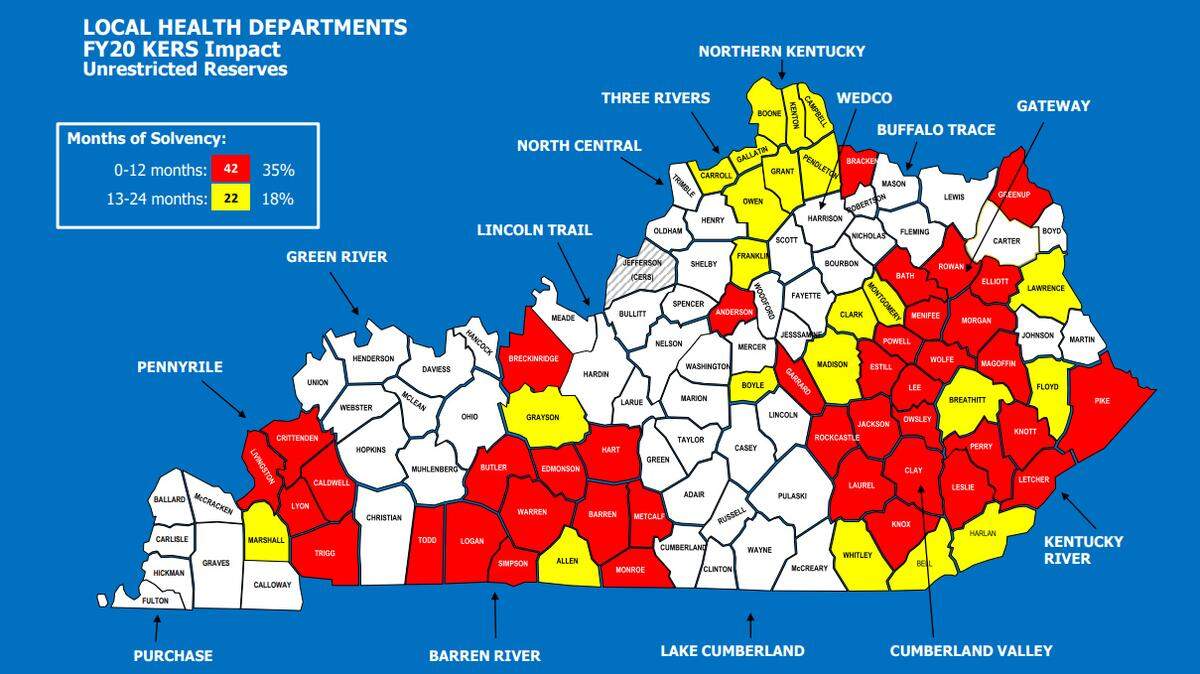 Without a freeze in pension contribution rates, 42 county health departments will close in the next year, and 22 more will close in the year following that, the Kentucky Health Departments Association warns.