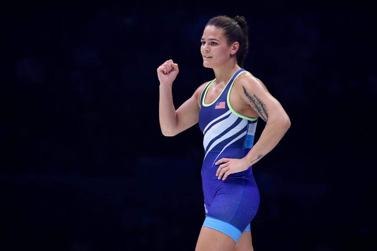 Apr 20, 2024; State College, Pennsylvania, USA; Kayla Miracle reacts after defeating Macey Kilty (not pictured) 4-1 by decision in the 62 kilograms freestyle Championship Final during day two of the U.S. Olympic Wrestling Team Trials at Bryce Jordan Center at Penn State. Mandatory Credit: Matthew O'Haren-USA TODAY Sports