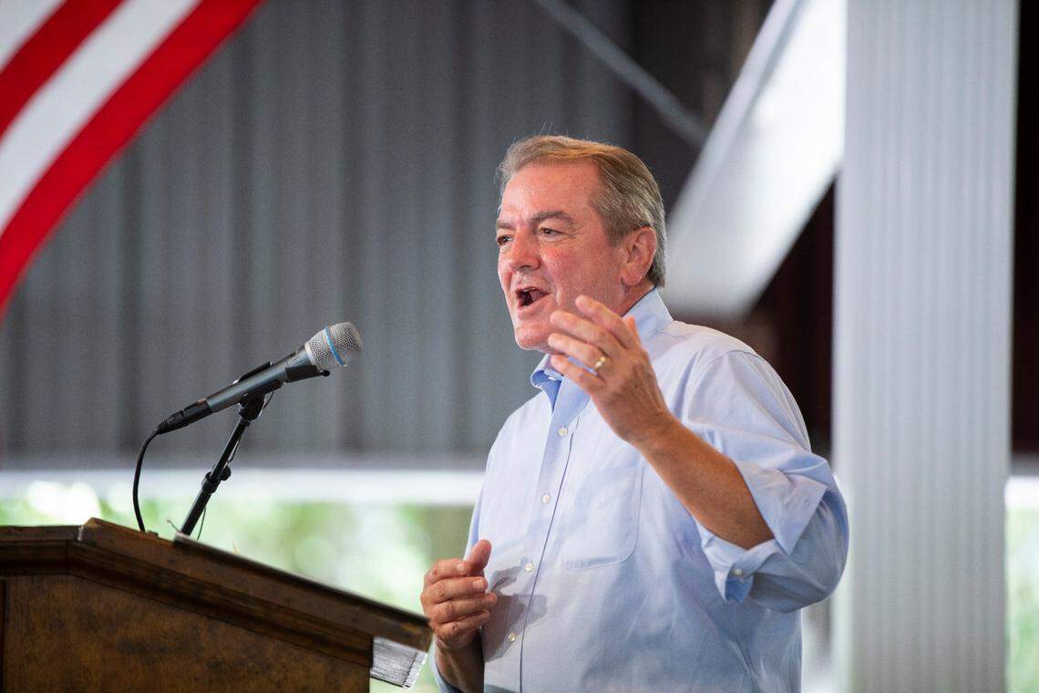 Kentucky Speaker of the House David Osborne serves as the MC for the 142nd annual St. Jeromes Fancy Farm Picnic announcing speakers in Fancy Farm, Ky., Saturday, August 6, 2022.
