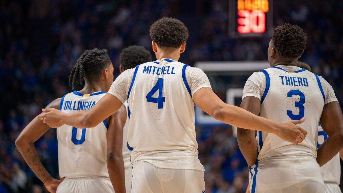 Kentucky’s Tre Mitchell (4), pictured with Rob Dillingham (0) and Adou Thiero (3), said after Saturday’s loss: “We’re human.”