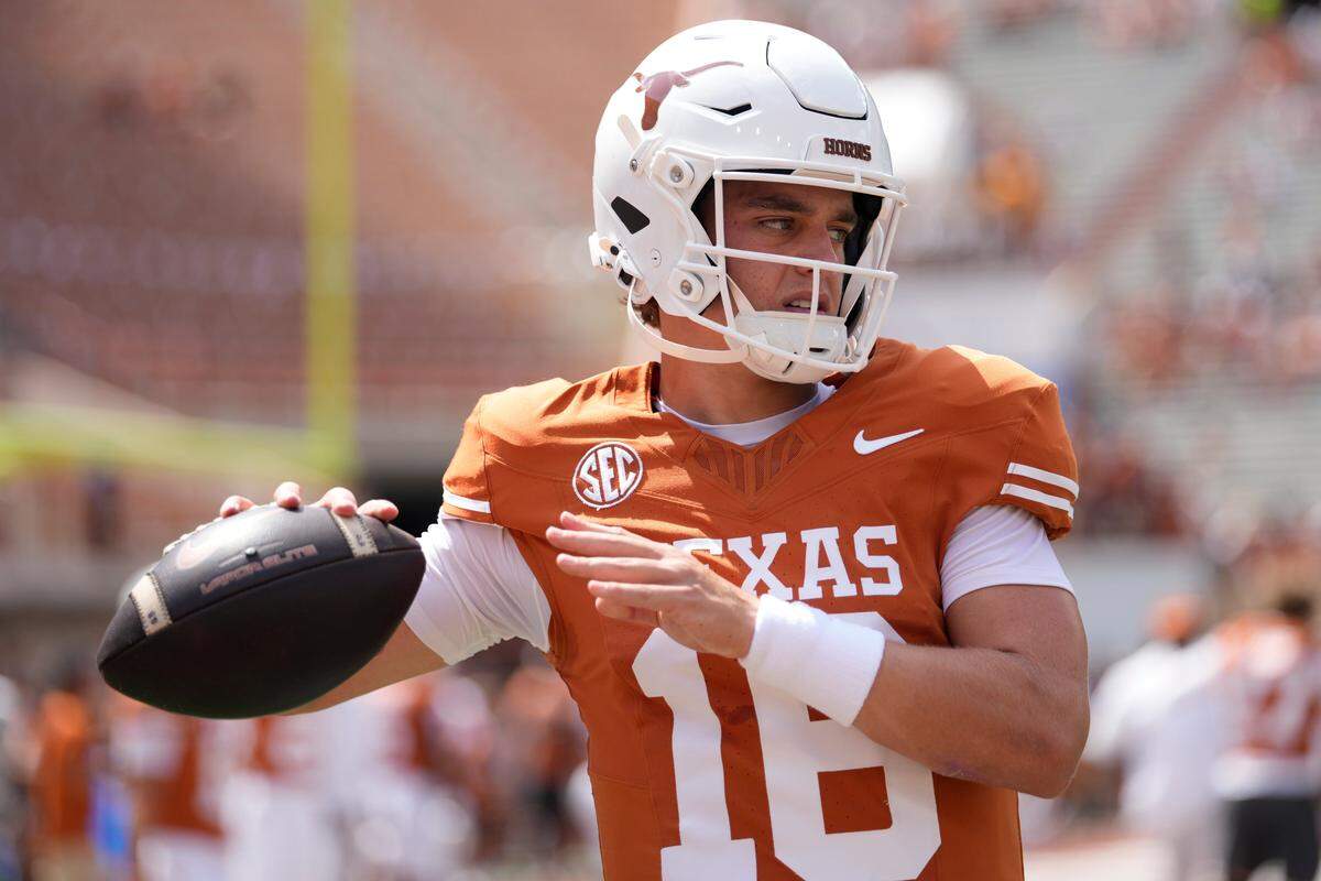 Texas quarterback Arch Manning (16) completed 21 of 27 passes for 166 yards and a touchdown in the Longhorns’ 23-6 upset of then-No. 6 Oklahoma last week.
