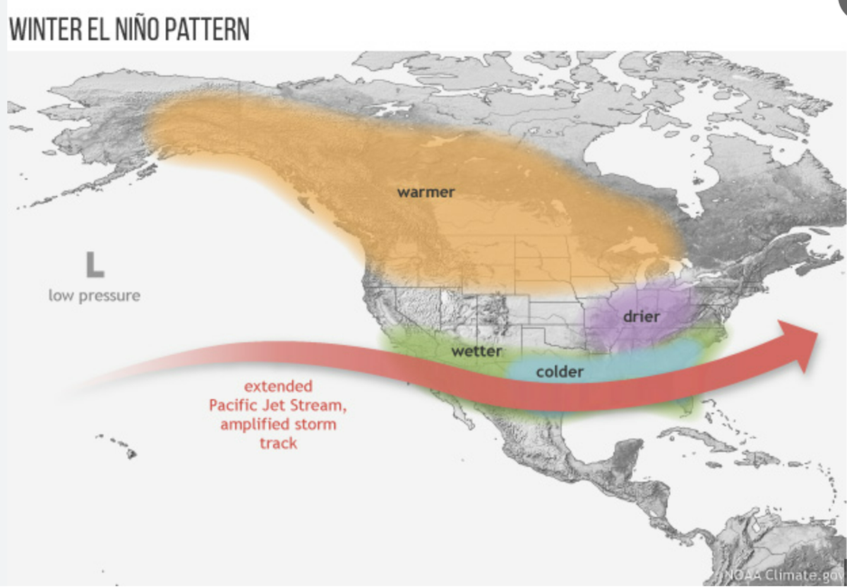 A visualization of a winter El Niño pattern from the National Oceanic and Atmospheric Administration.