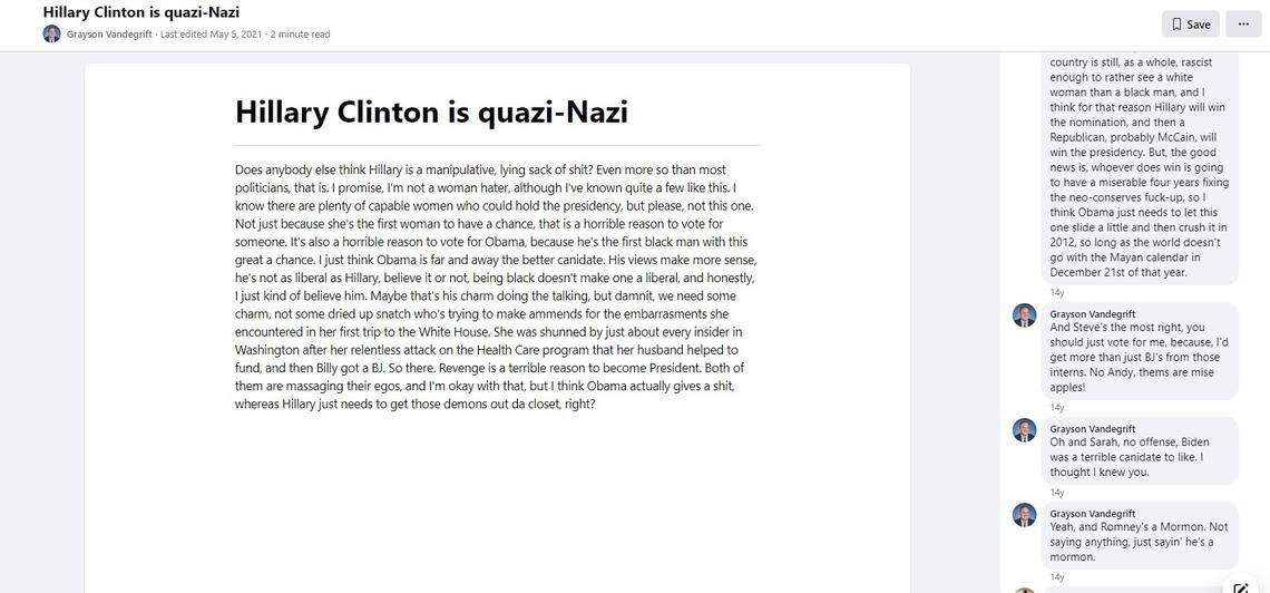 A screenshot of the Facebook post on Grayson Vandegrift’s personal page that includes sexist language. It was edited in May of 2021, though it’s unclear how it was edited.