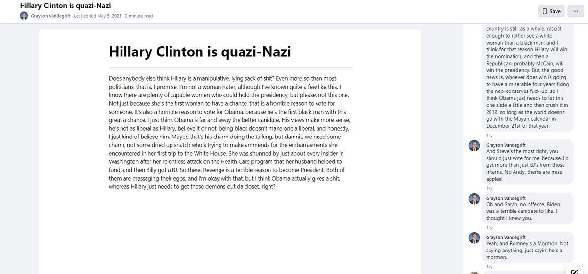 A screenshot of the Facebook post on Grayson Vandegrift’s personal page that includes sexist language. It was edited in May of 2021, though it’s unclear how it was edited.