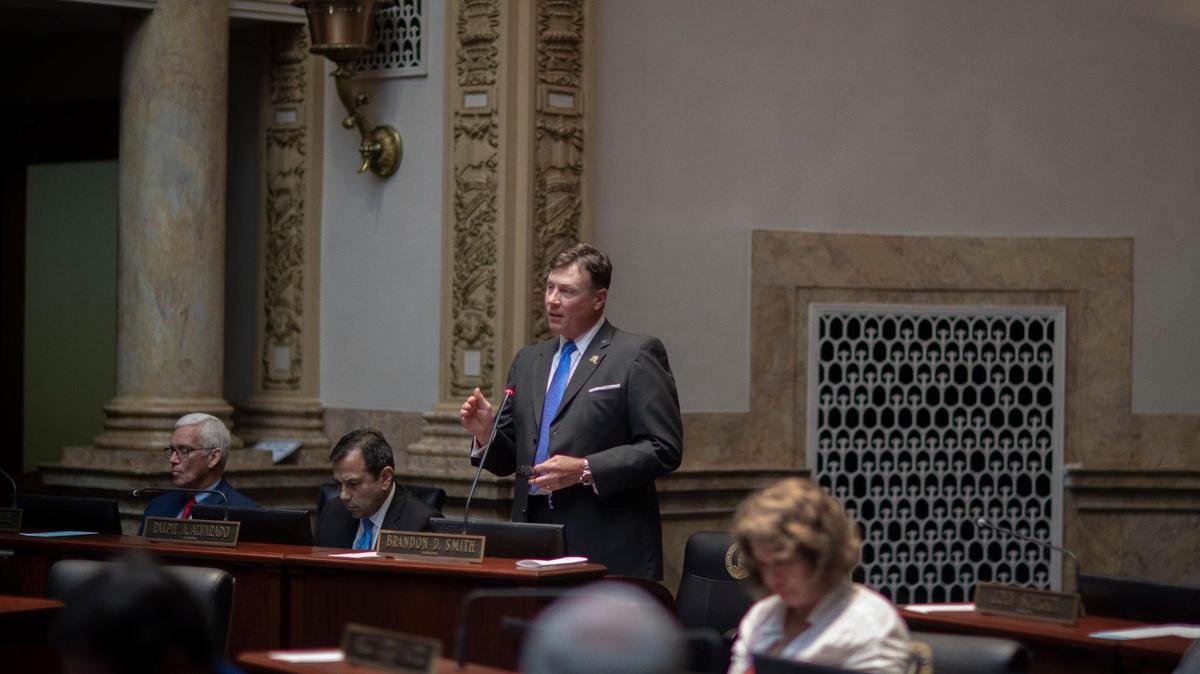 Kentucky Sen. Brandon Smith, R-Hazard, speaks during a special session of the state General Assembly, called by the governor to address massive flood damage in Eastern Kentucky, at the Kentucky state Capitol on Friday, Aug. 26, 2022.