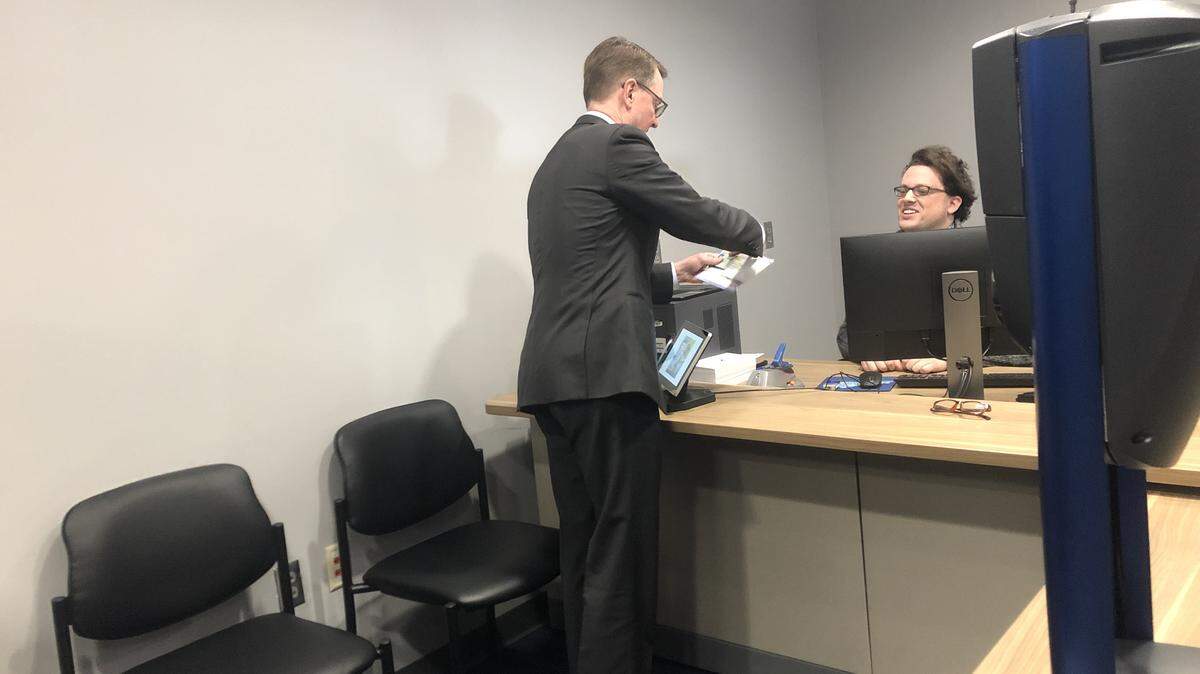Kentucky Transportation Cabinet Secretary Jim Gray applies to get his Real ID-compliant license at Mero Street in Frankfort in 2020.