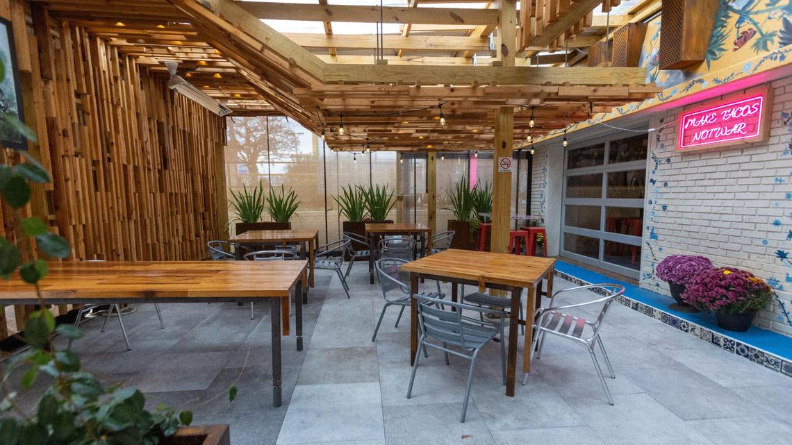 Patio space at La Taquiza Mexican street food on East Main Street.