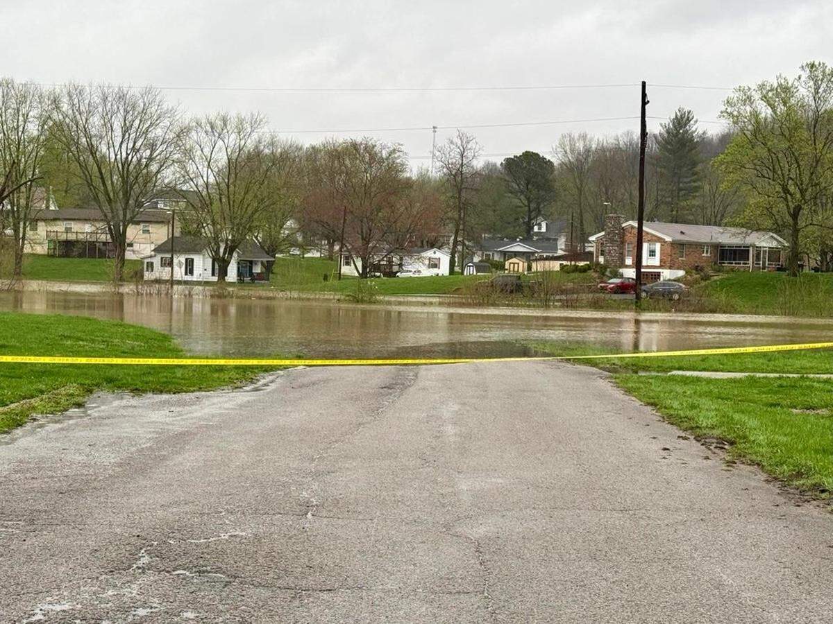 Floodwaters continued to rise Sunday, April 6, 2025 in Falmouth. Pendleton County officials issued emergency evacuation orders for Falmouth and Butler on Saturday, and access to much of Falmouth and all of Butler was cut off Sunday.