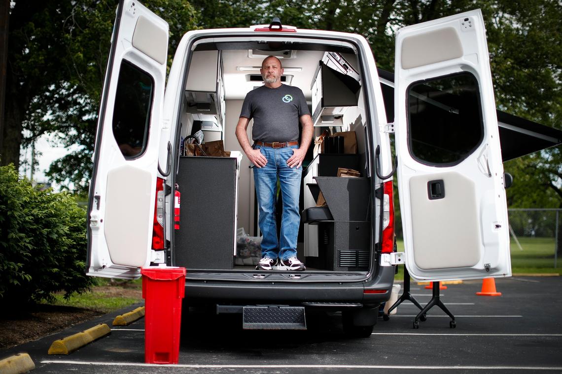 John Moses, of Lexington, Ky., team leader of Harm Reduction Services at the Lexington-Fayette County Health Department in the mobile unit which currently houses its syringe exchange, Friday, May 22, 2020.