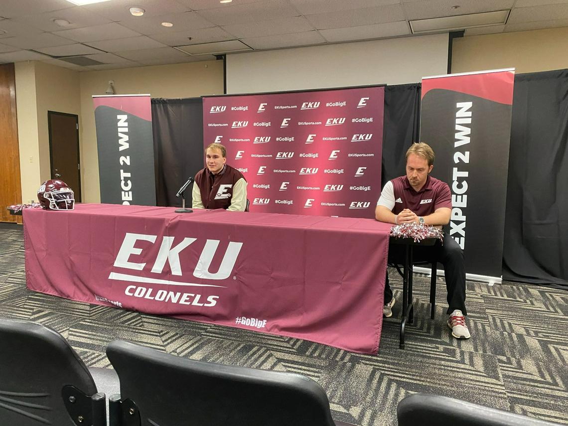 Record-setting Eastern Kentucky University quarterback Parker McKinney (center) announced Thursday that he will remain at EKU and play the 2023 season as a “super-senior” for the Colonels.