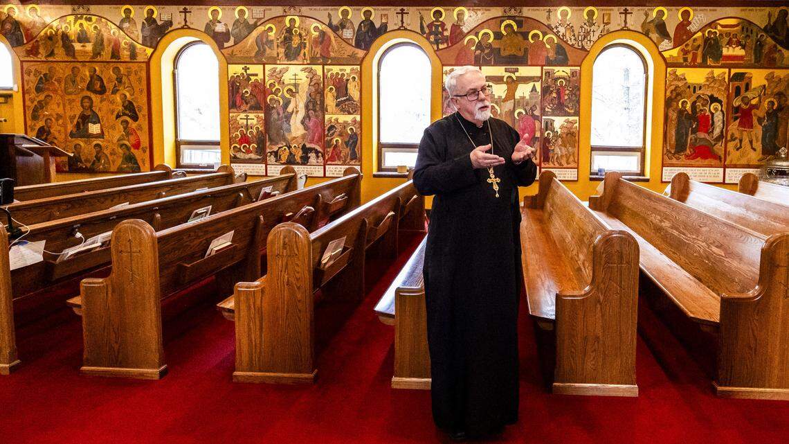 St. Andrew Orthodox Church Pastor Tom Gallaway, surrounded by his churches floor-to-ceiling icons painted with gold leaf, says congregants don't pray to icons, they pray with icons. Photographed, Dec. 1, 2025 in Lexington, Ky.