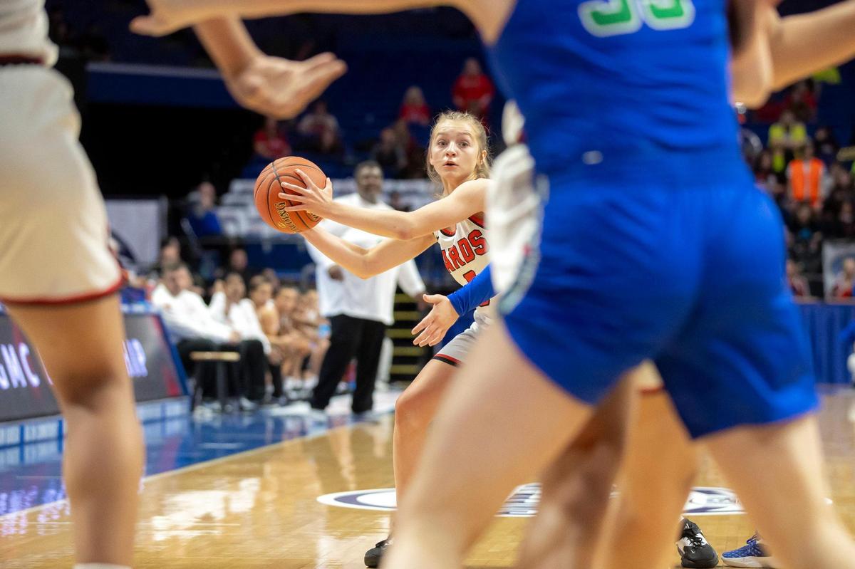 George Rogers Clark’s Kennedy Stamper (0) looks to pass during the Cardinals’ win over North Laurel in Rupp Arena. Stamper finished with 14 points and five assists.