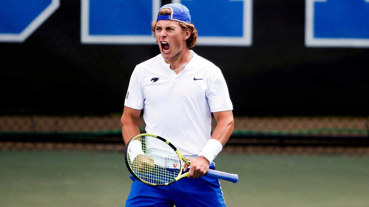Kentucky’s Liam Draxl reacts to a shot during his 7-5, 6-1 win over Cleveland State’s Nico Mostardi in the NCAA Men’s Tennis Tournament on Friday at the Hilary J. Boone Tennis Complex. Draxl is the No. 1-ranked collegiate tennis player in the nation.