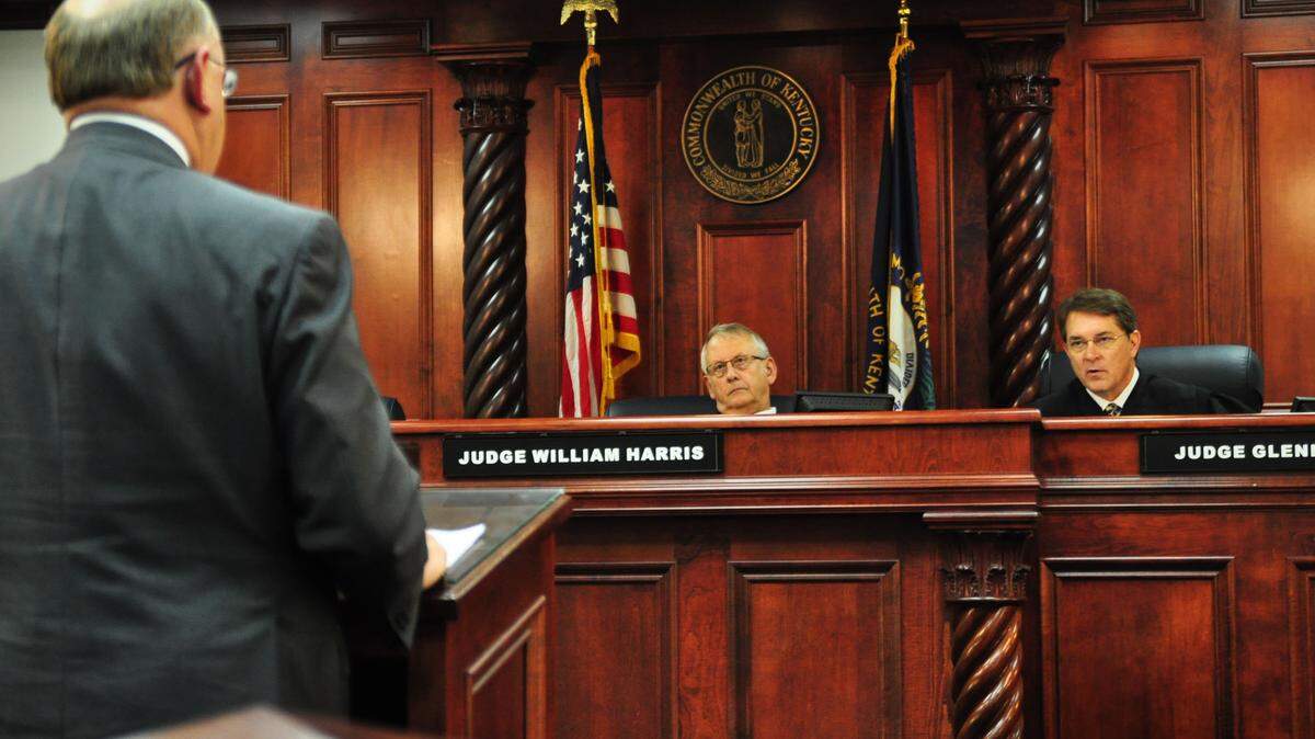 David Broderick, attorney for Shane Ragland, made his case to the Kentucky Court of Appeals, including Judges William Harris, left, and Glenn Acree, on Thursday. 