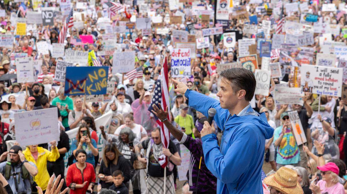 Congressman Morgan McGarvey speaks to the thousands of demonstrators gathered during the ‘No Kings’ march and protest at Metro Hall in downtown Louisville, Kentucky, Saturday, June 14, 2025. ‘No Kings’ rallies organized across the United States in direct response to President Donald Trump’s military parade in Washington D.C.
