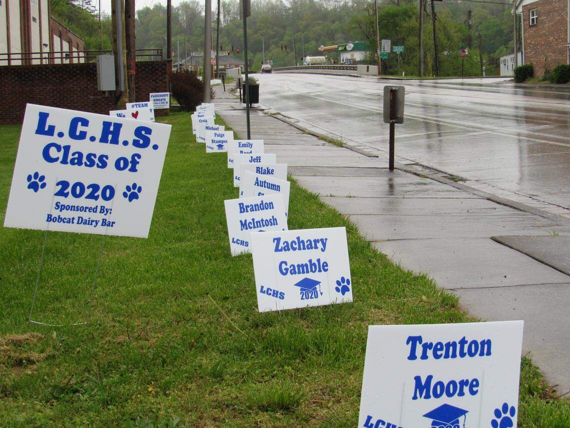 With in-school classes canceled because of the coronavirus, there was a display of Lee County High School seniors’ names along the street in April 2020.