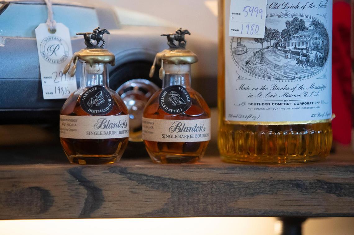 Mini (50mL) Bottles of Blanton’s are offered for sale at Revival Spirits in Covington, Ky., Tuesday, May 9, 2023. Coveted minis often sell in specialty stores for $50 or more.