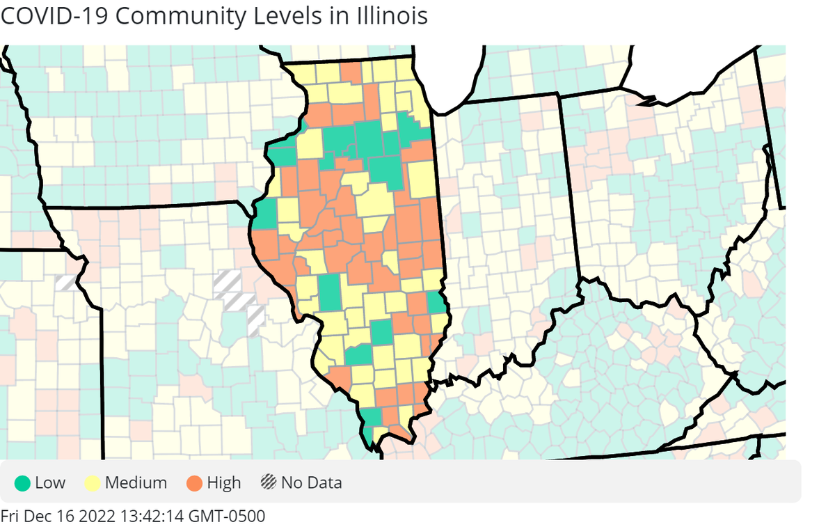 COVID-19 community levels by county in Illinois as of Dec. 16, per the CDC.