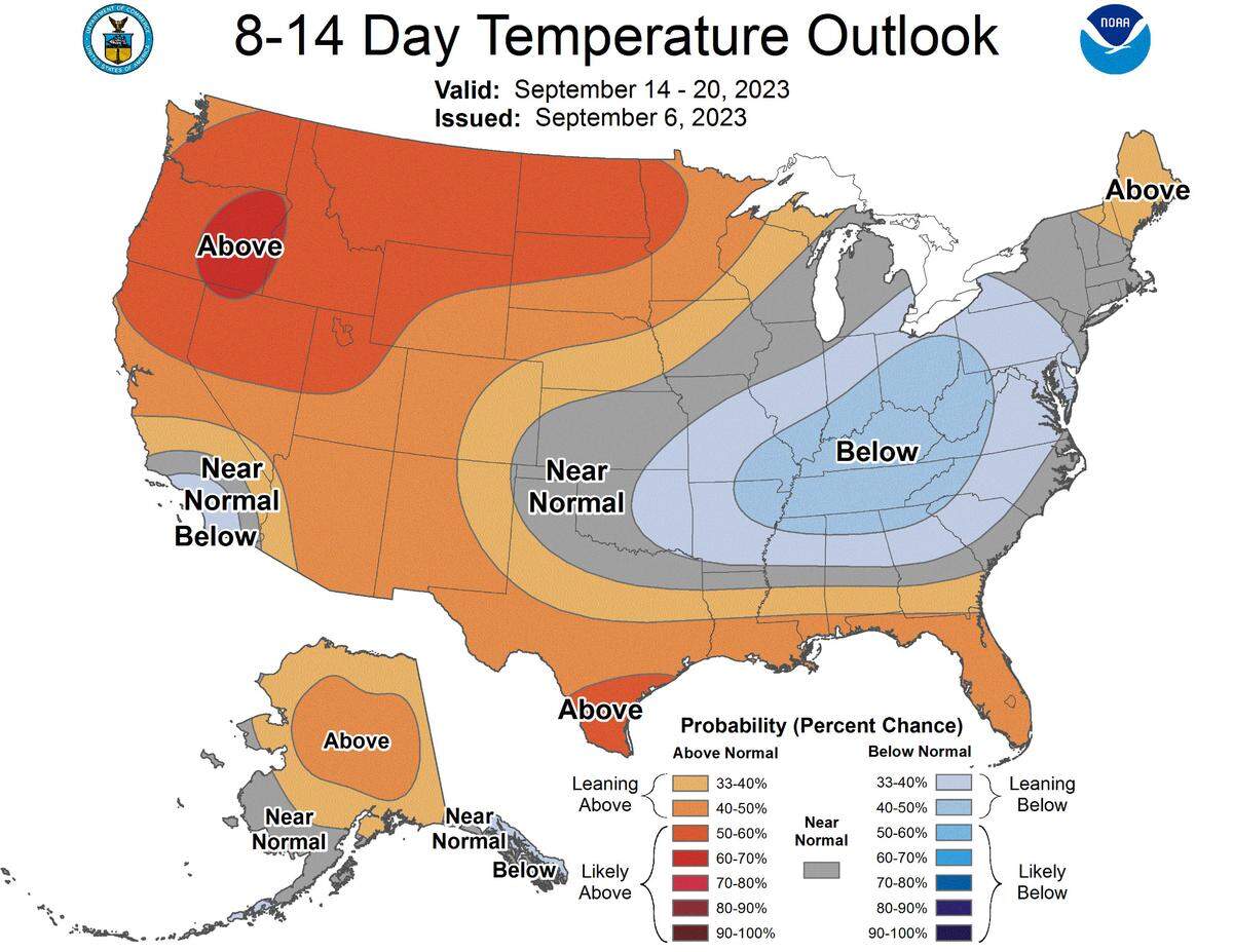 A temperature outlook from the Climate Prediction Center.