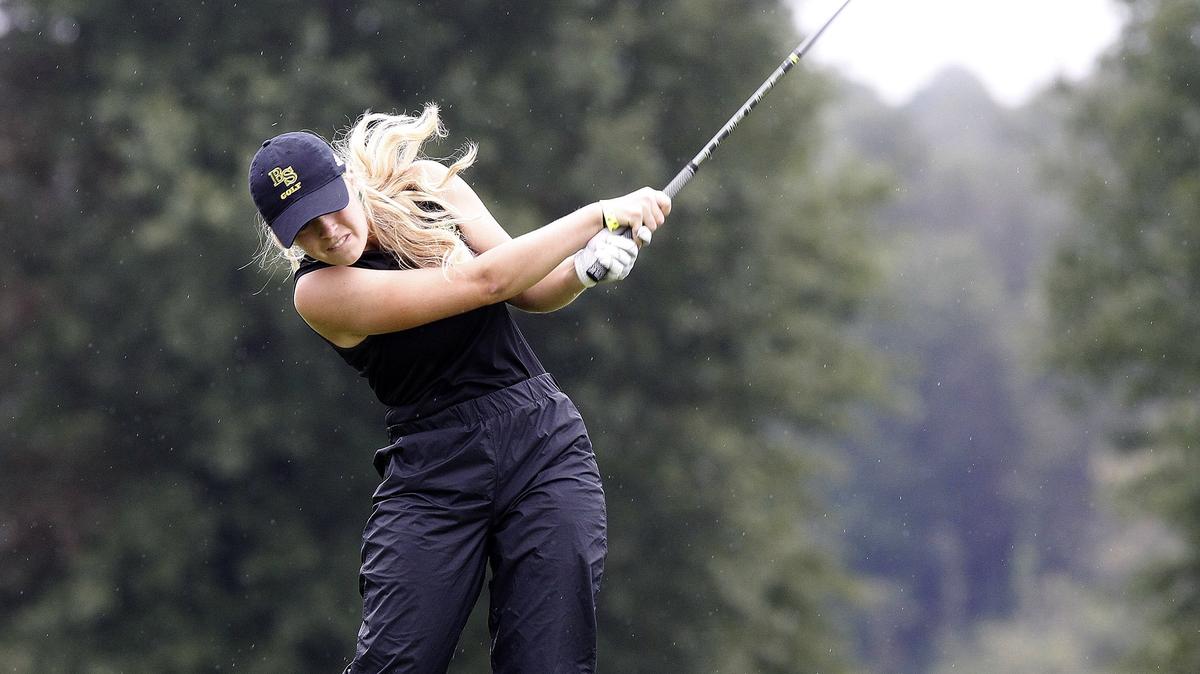 Bryant Station’s Taylor Brennan teed off Monday morning at the 7th Region girls’ golf tournament at Gibson Bay Golf Course in Richmond. Play was suspended and was tentatively scheduled to resume Tuesday morning.