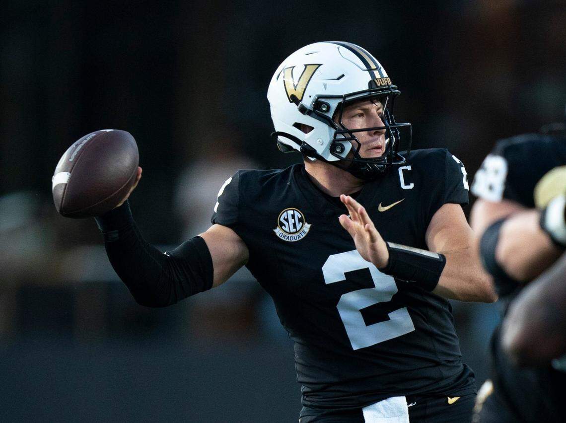 Vanderbilt quarterback Diego Pavia has completed 22 of 29 throws for 273 yards and two touchdowns without an interception this season. He’s also rushed 39 times for 155 yards and two scores.
