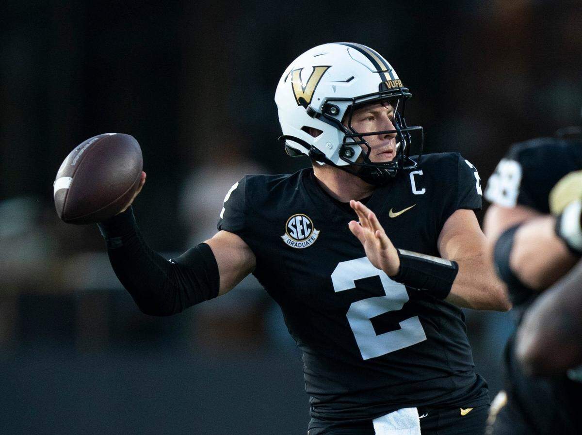 Vanderbilt quarterback Diego Pavia has completed 22 of 29 throws for 273 yards and two touchdowns without an interception this season. He’s also rushed 39 times for 155 yards and two scores.