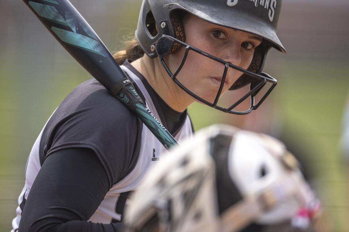 South Warren's McLaine Hudson bats during a game at Great Crossing Park in Georgetown, Ky., on Saturday, April 25, 2026.