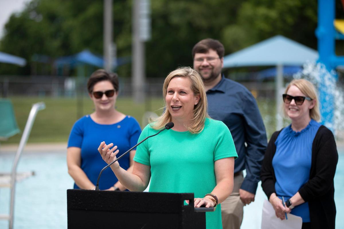 Councilmember Amanda Mays Bledsoe speaks at a press conference announcing the cities six pools are opening Memorial Day weekend with the four aquatic centers opening May 28 at Southland Aquatic Center in Lexington, Ky., Thursday, May 19, 2022. Gorton also announced some updates and improvements will be coming to the pools soon.