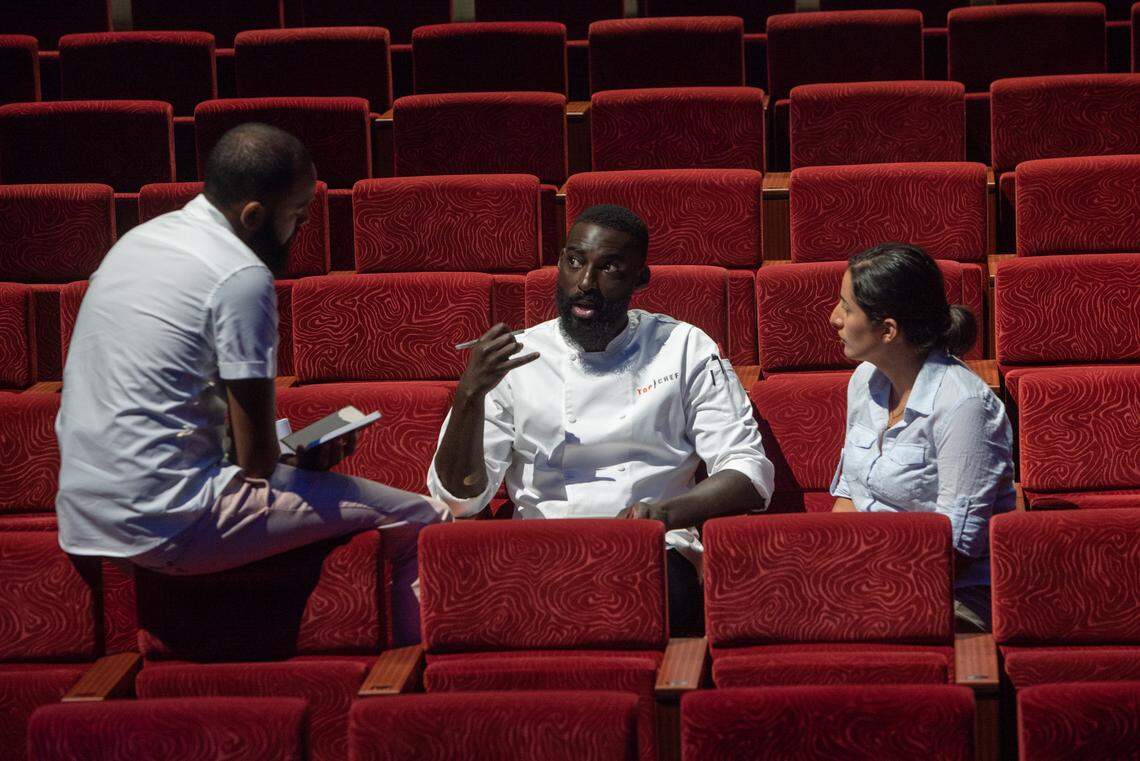 Looks like “Top Chef’s Eric Adjepong is doing some menu planning with his chef pals Justin Sutherland and Michelle Minori.