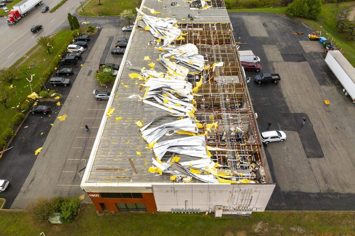 High winds caused significant damage to property near Blankerbaker Parkway and Plantside Drive in Louisville, Ky., overnight Wednesday, April 2 to Thursday April 3, 2025.