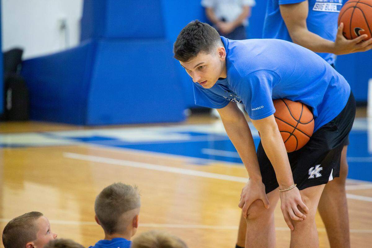 Former UK basketball player Tyler Herro of the Miami Heat spoke with a camper during the John Calipari Draft Academy on Thursday.