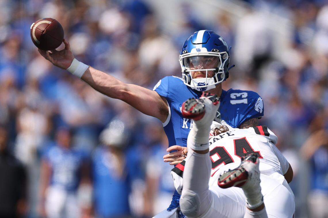 Kentucky quarterback Devin Leary attempts a pass against Ball State in the season opener for both teams on Saturday, Sept. 2, 2023, at Kroger Field in Lexington, Ky.