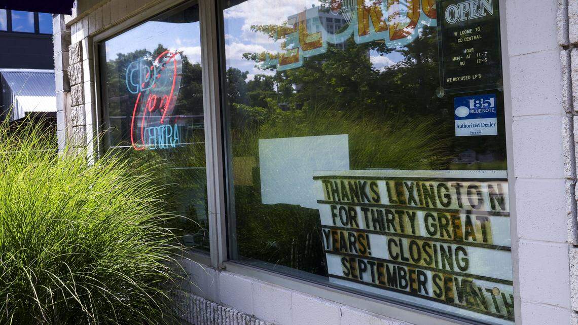 A thank you message sits in the front window of CD Central at 377 S Limestone, Wednesday, August. 27, 2025 in Lexington, Ky. Owner Steve Baron is retiring after more than three decades, with the store's final days drawing nostalgic customers who have frequented the store since it opened in South Hill Station in 1995.