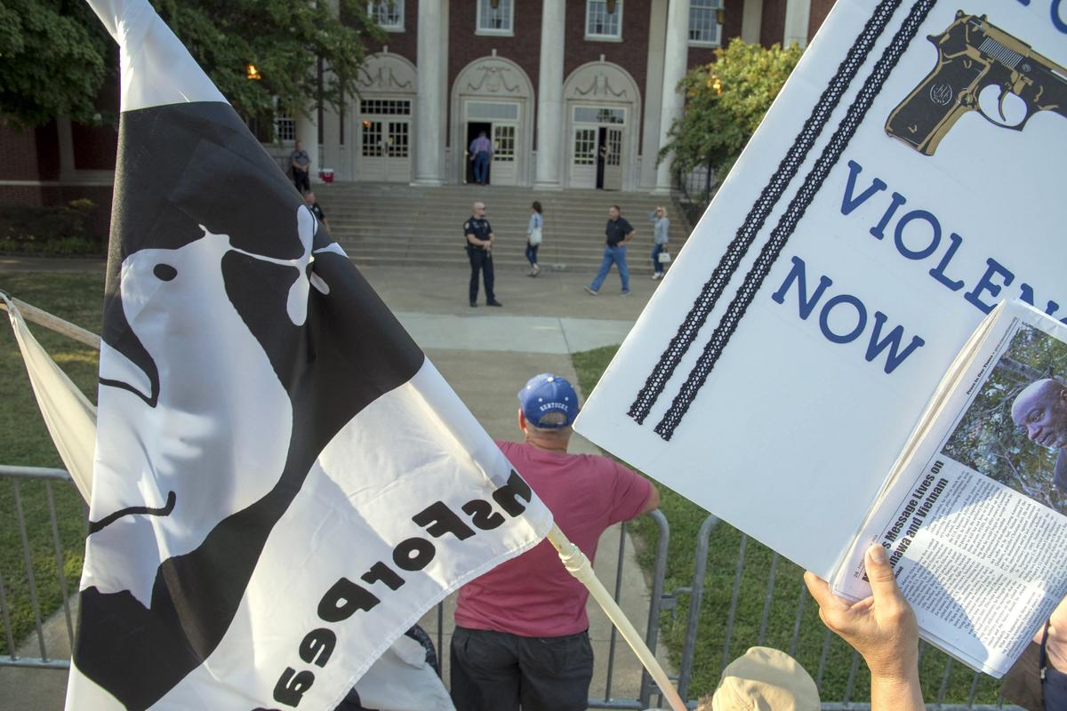 Republicans were heckled as they entered a speech by incoming NRA President Oliver North Friday August 3, 2018, at Murray State University in Murray, Ky.