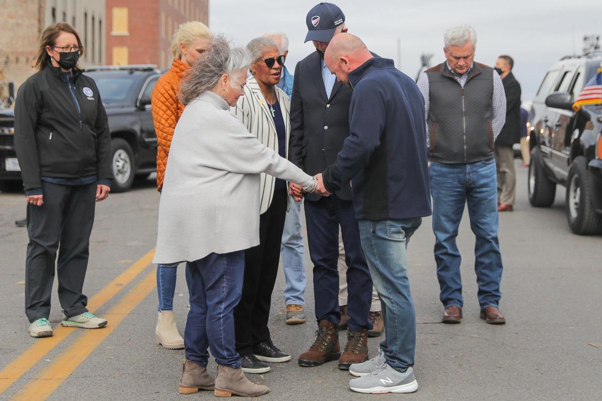 President Joe Biden surveys tornado damage in Mayfield, Ky., on Wednesday, Dec. 15, 2021