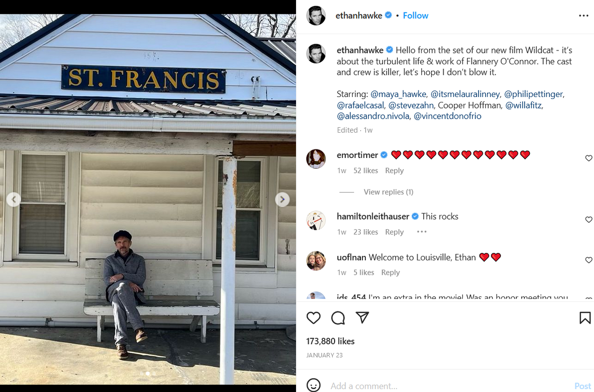 Ethan Hawke shared photos from the set of “Wildcat,” which he is directing. The movie is being filmed in Kentucky.