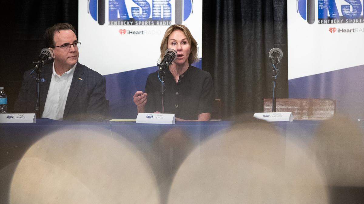 Former ambassador Kelly Craft is pictured alongside Auditor Mike Harmon at a debate hosted by Kentucky Sports Radio in Louisville.