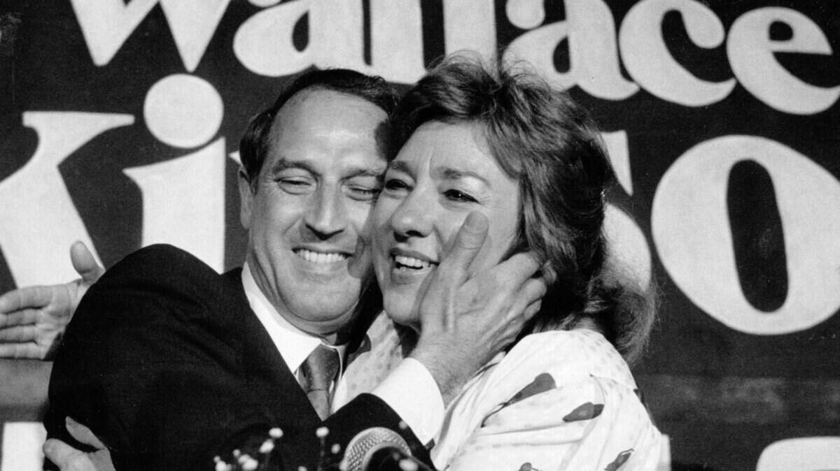 Wallace G. Wilkinson and his wife, Martha, celebrated his win in the May 1987 Democratic gubernatorial primary.  