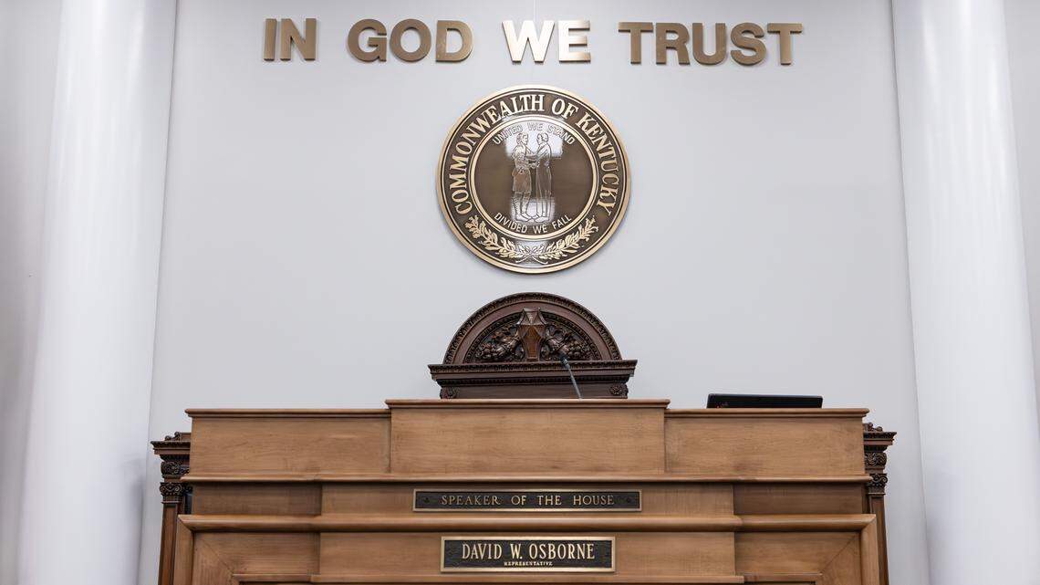 Speaker of the House, Rep. David Osborne's desk in the the Kentucky General Assembly's temporary House chambers, constructed near the Capitol Annex due to Capitol renovations on January 9, 2026, in Frankfort, Ky.