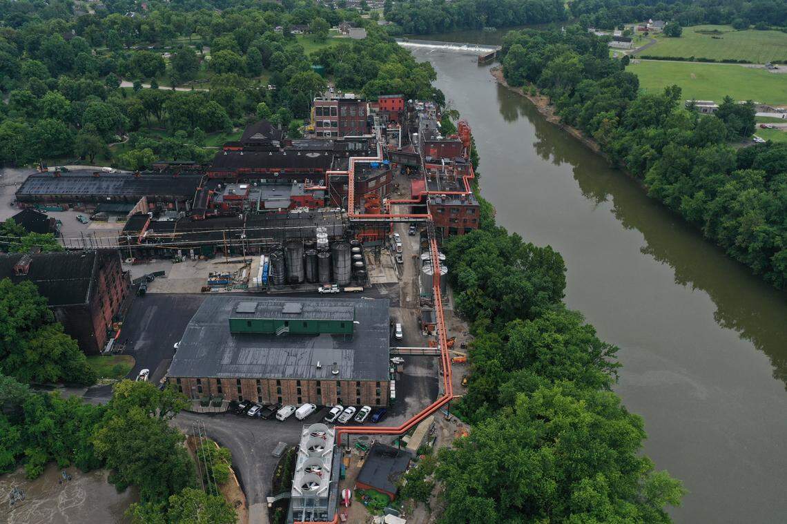 The mudslide occurred under the water pipes along the trees at the edge of the river, seen in this shot from before the flooding. Part of the pavement next to the Dry House, foreground, collapsed into the Kentucky River.