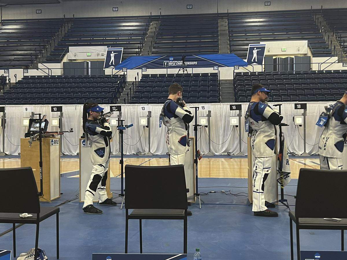 The Kentucky rifle team competes in air rifle at the 2022 NCAA Rifle Championships in Clune Arena in Colorado Springs, Colorado. UK won the NCAA team title for the fourth time in program history and for the second straight season.